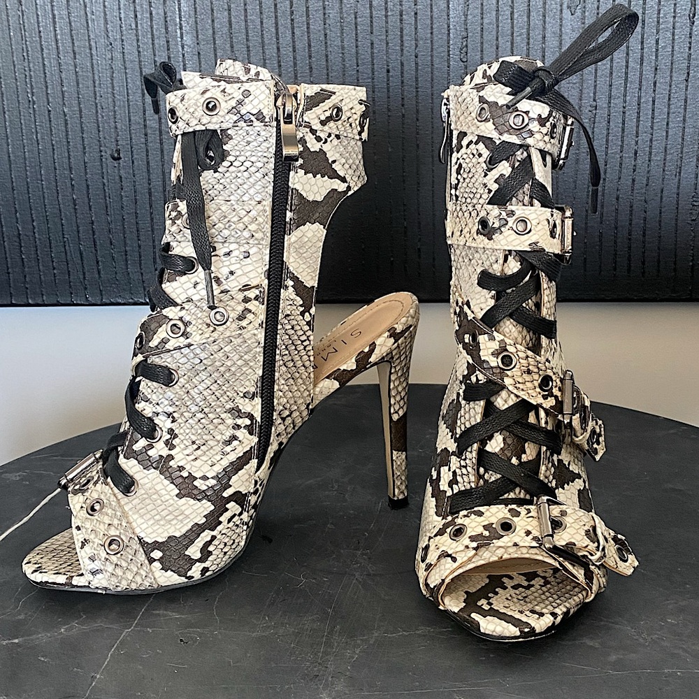 Simmi London Black and White Snakeskin High Heel Ankle Booties with Laces